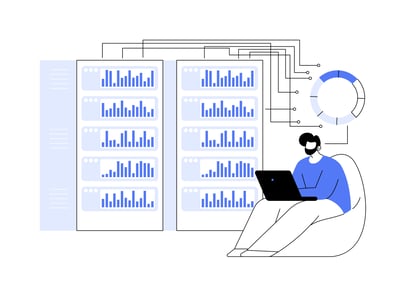 illustration of a person analyzing data, with many charts and graphs in the background