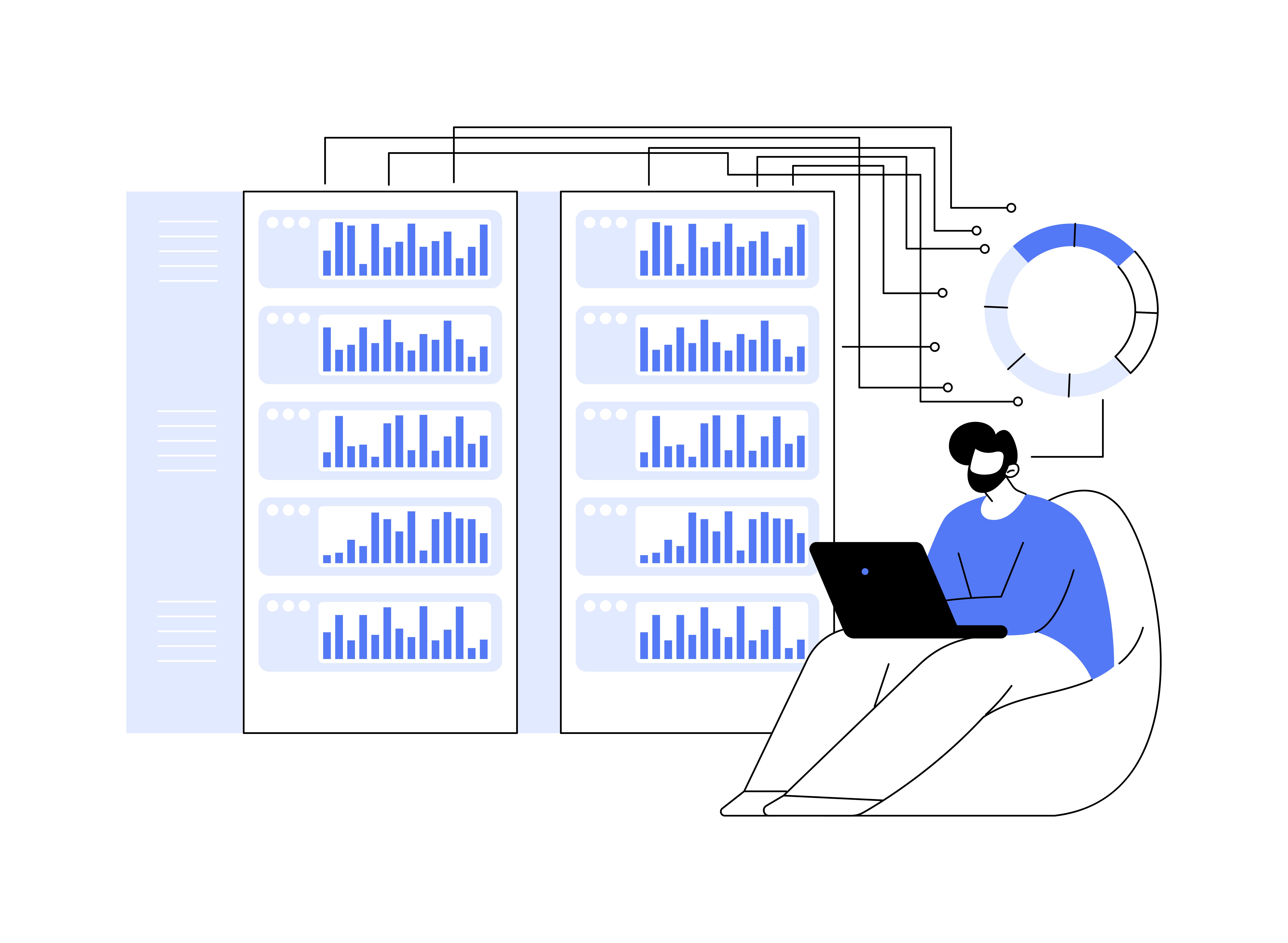 illustration of a person analyzing data, with many charts and graphs in the background