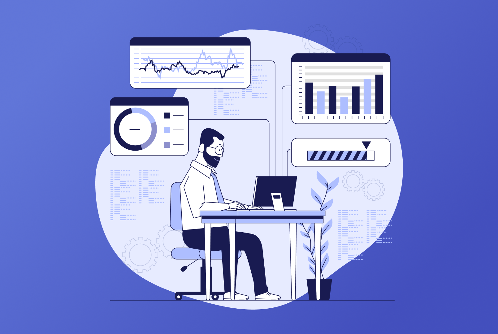 a graphic of a man at his desk typing on his computer with floating graphs in the background